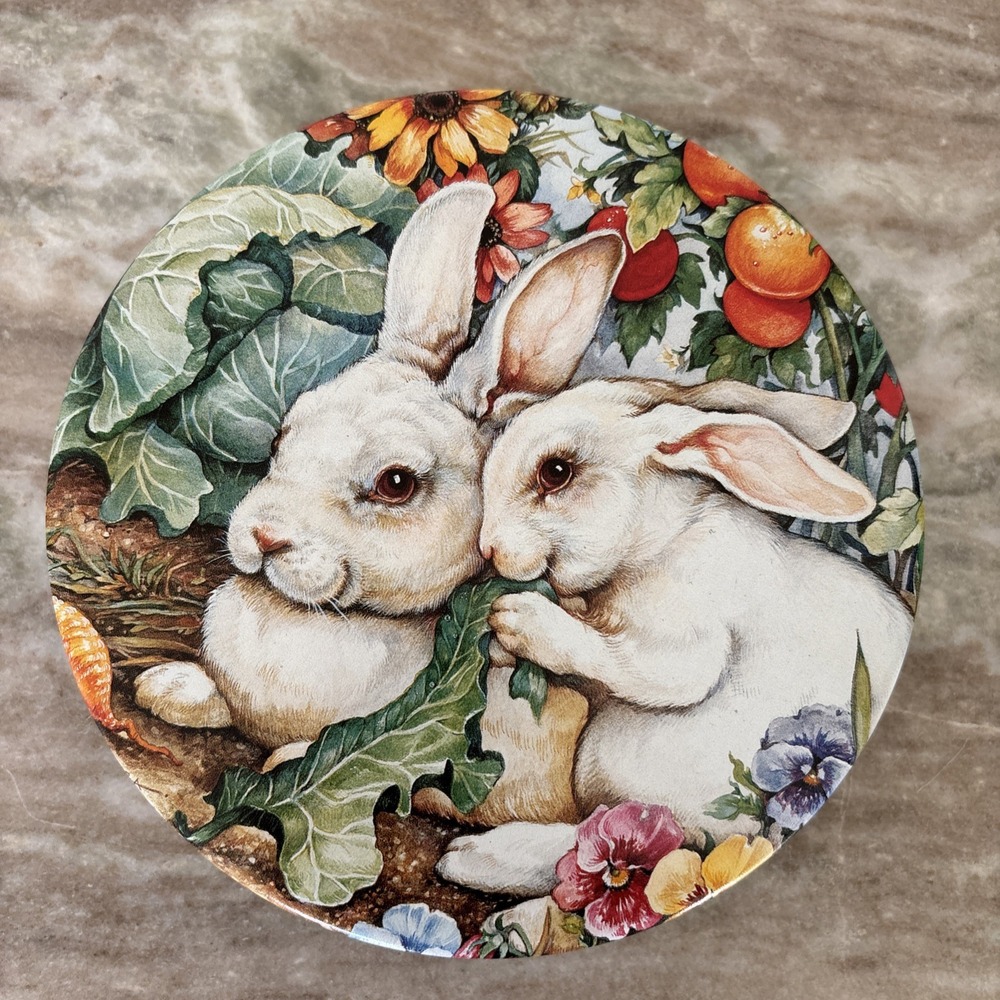 Vintage Easter‎ Leesa Whitten Bunnies Cabbage Patch Tin Box 7" Container Rabbit